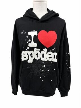SP5DER Hoodie Men's Medium Black Graphic Pullover Hooded Sweatshirt NWT